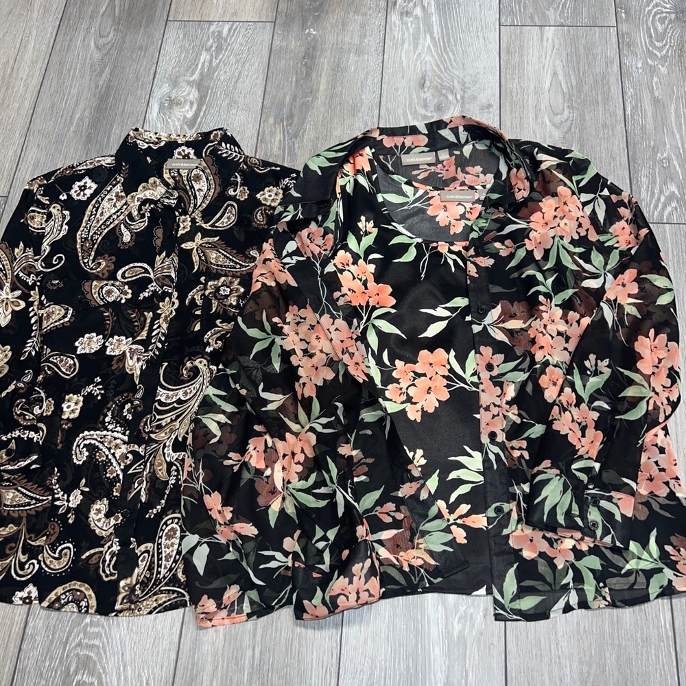 Lot Of 2 Croft & Barrow Size L Sheer Button Floral Blouse/3/4 Sleeve Paisley